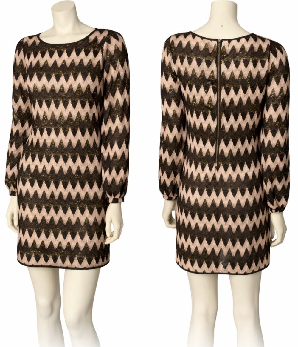 XOXO Chevron Metallic Dress Brown Gold Zigzag Crochet Long Sleeve Mini Retro 70s